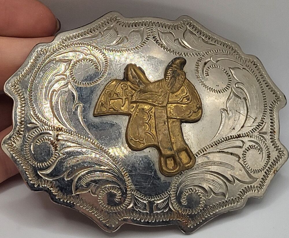 Belt Buckle Nickel Silver Brass Horse Saddle Cowboy Western 3.5” X 2.5” Made USA